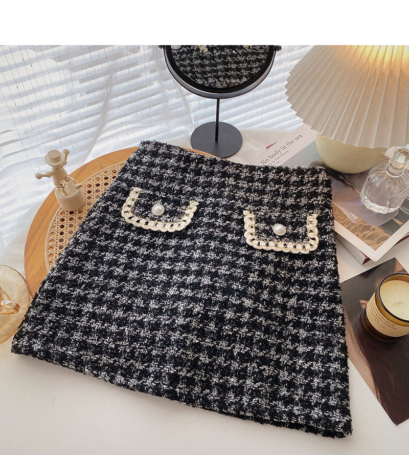 Fake pocket high waist tweed plaid skirt  5383