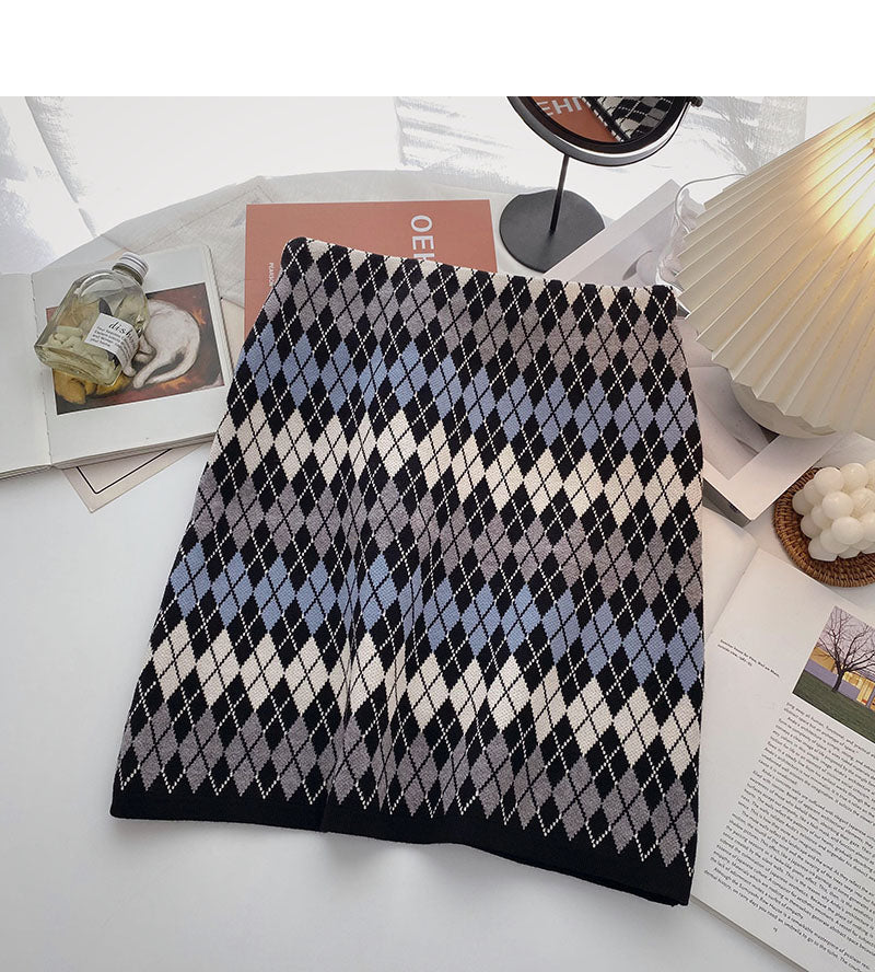 Vintage plaid skirt high waist wrap hip elastic waist A-line skirt  5433