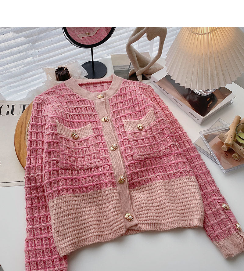 Xiaoxiangfeng gold silk knitted long sleeved single breasted plaid sweater  6140