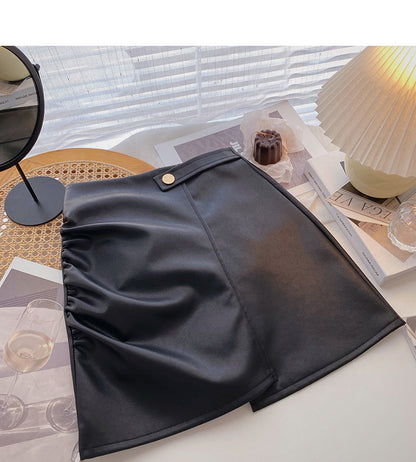 Korean wrinkled Hip Wrap irregular thin high waist A-shaped PU leather skirt  5591