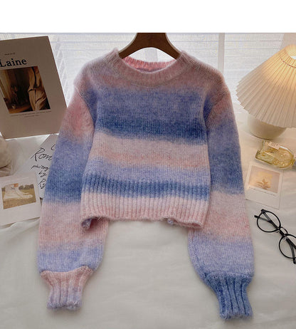 Korean ins sweet foreign style aging rainbow tie dyed loose top  5926