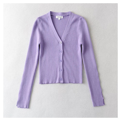 V-neck single breasted high waist open navel knitted cardigan  7385