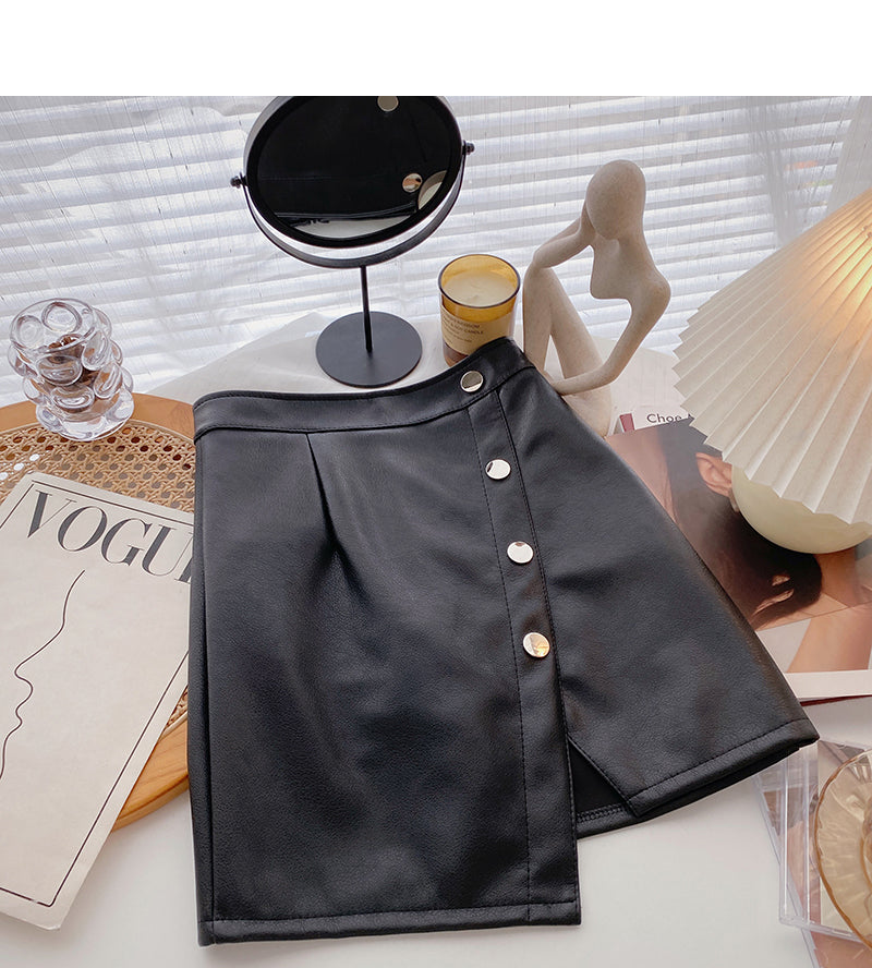 Fashionable temperament irregular single breasted high waist PU leather skirt  5593