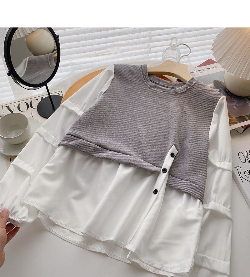 Korean version languid minority design stitched Long Sleeve Shirt  6324
