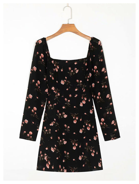 Square neck long sleeve slim waist floral print dress  7050