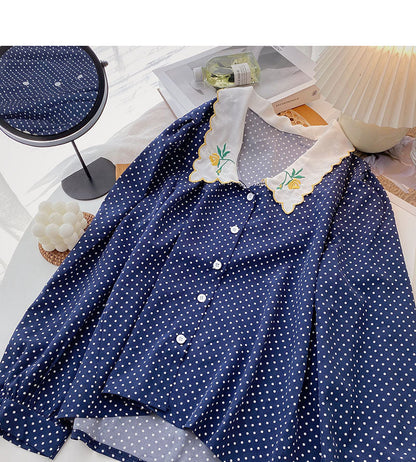 Small French Polka Dot Shirt Lapel embroidered shirt  6266