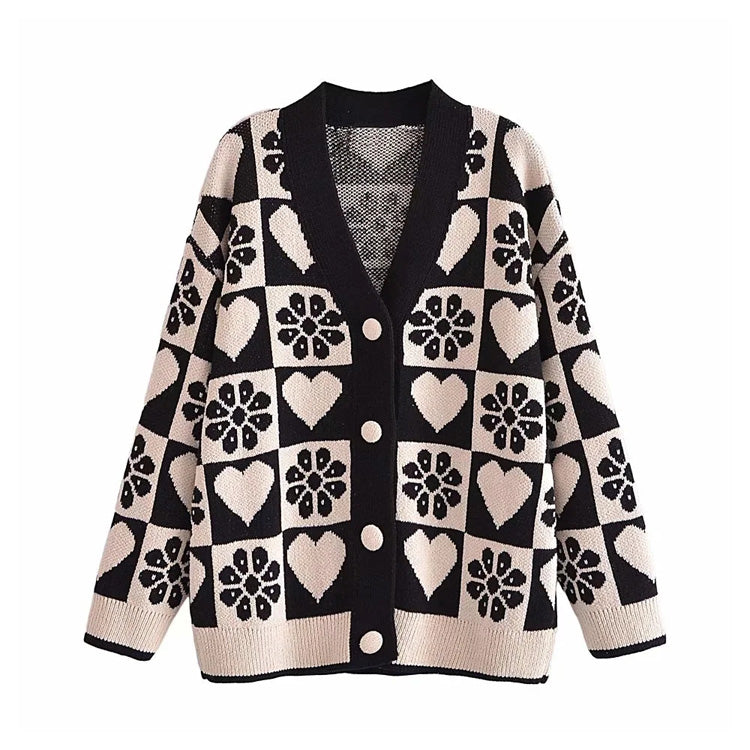 Quality V-Neck long sleeve jacquard knitted cardigan sweater coat  7266