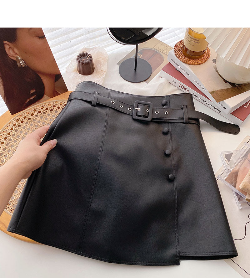 Korean fashion irregular button high waist thin wrap hip leather skirt  5532