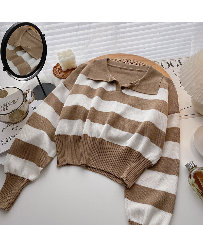 Small Pullover short Long Sleeve Striped Top  6451