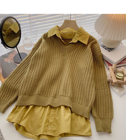 Vintage shirt stitched sweater fake two women  6001