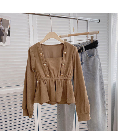 Niche design double breasted Square Neck Shirt  6360