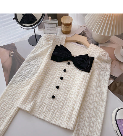 Bow Vintage French shirt square neck long sleeve top fashion  6389