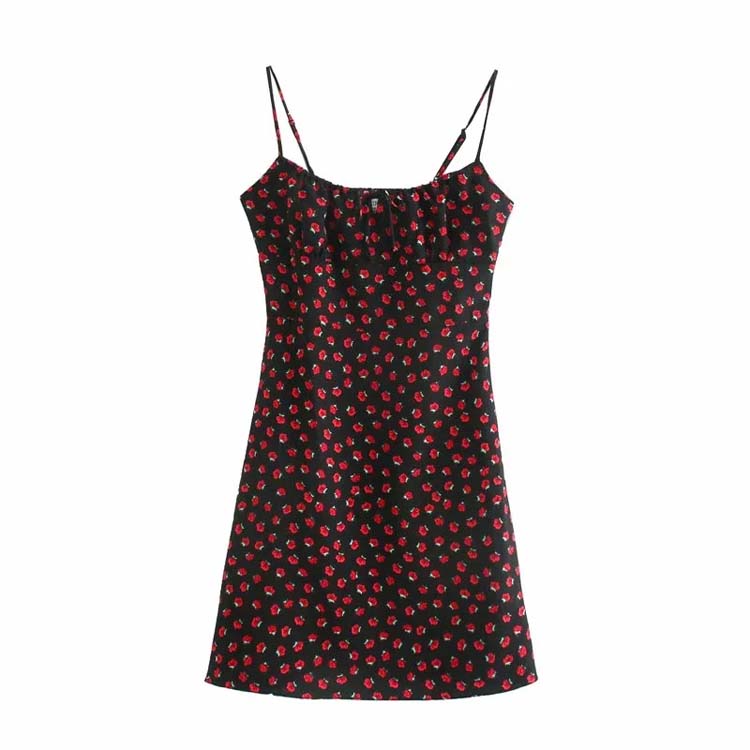 French minority retro girl rose broken flower thin high waist suspender skirt  7125