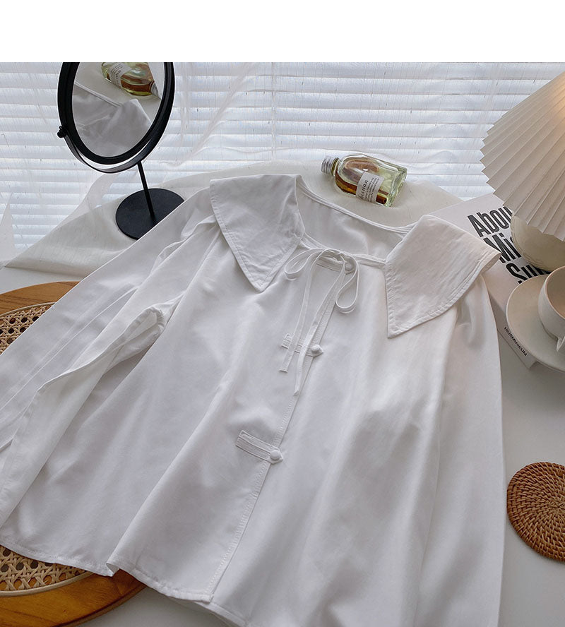 Niche design Lapel bandage long sleeve loose thin top  6276