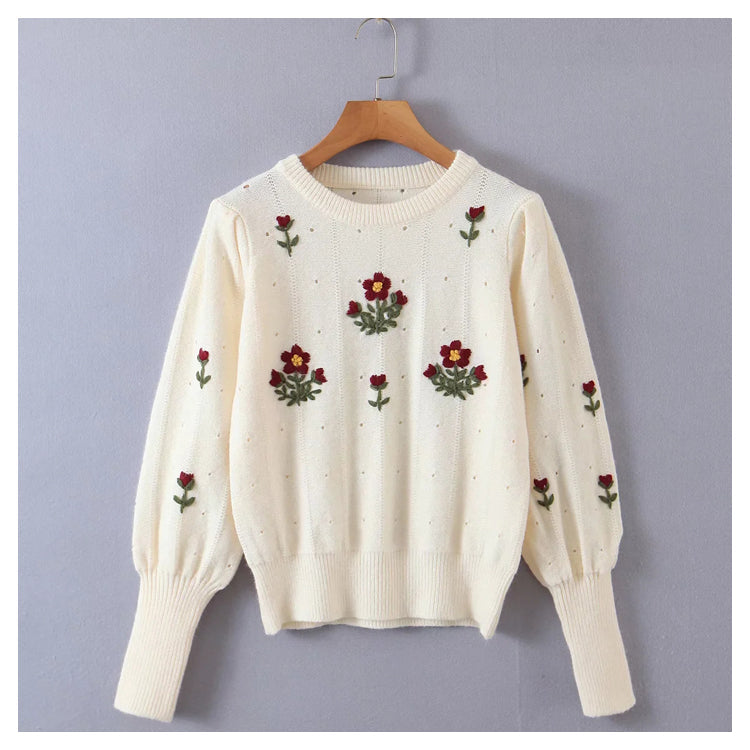 Floral crew neck Pullover loose long sleeve sweater  7169