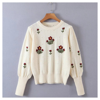 Floral crew neck Pullover loose long sleeve sweater  7169