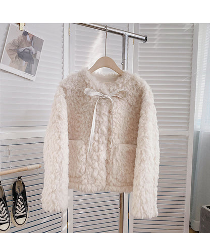 Lamb down coat aging loose tie long sleeve top  6225