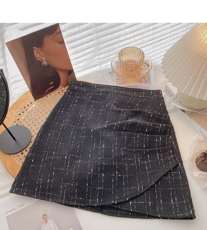 Korean fashion retro design pleated hip Plaid high waist A-shaped skirt  5628