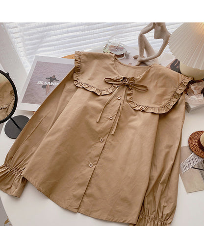 Lace up baby collar design shirt foreign style long sleeve top  6357