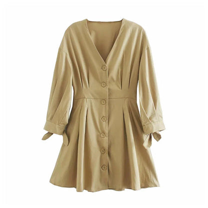 European and American style long sleeved women's wear with belt V-neck dress  7103