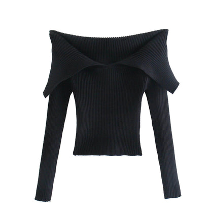 Off shoulder and large lapel design t-shirt straight neck short top  7160