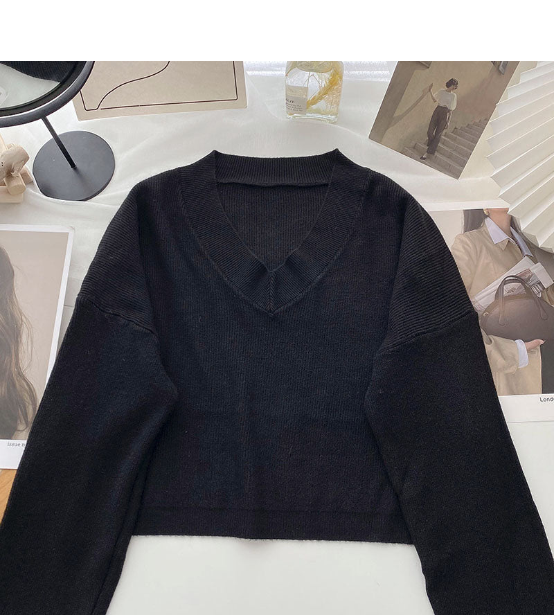 Lazy knit sweater solid V-neck Pullover Top  6677