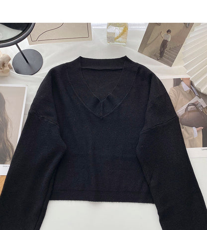 Lazy knit sweater solid V-neck Pullover Top  6677