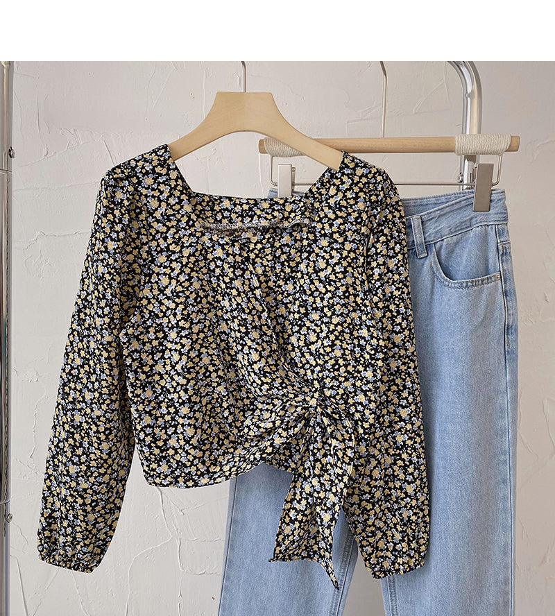 French Square Neck Long Sleeve Shirt shows thin and fashionable top  6437