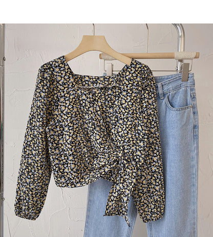 French Square Neck Long Sleeve Shirt shows thin and fashionable top  6437