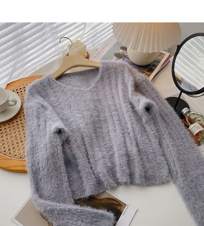 Korean loose V-neck Mohair top  5934