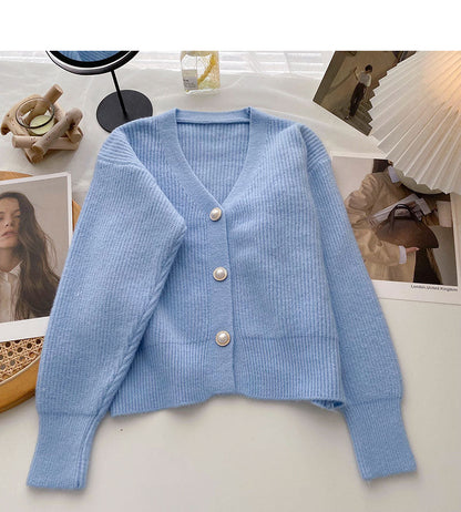Solid V-Neck long sleeve bright silk sweater coat  6041