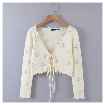 French retro fungus edge embroidered floret lace up slim knit cardigan top  7258