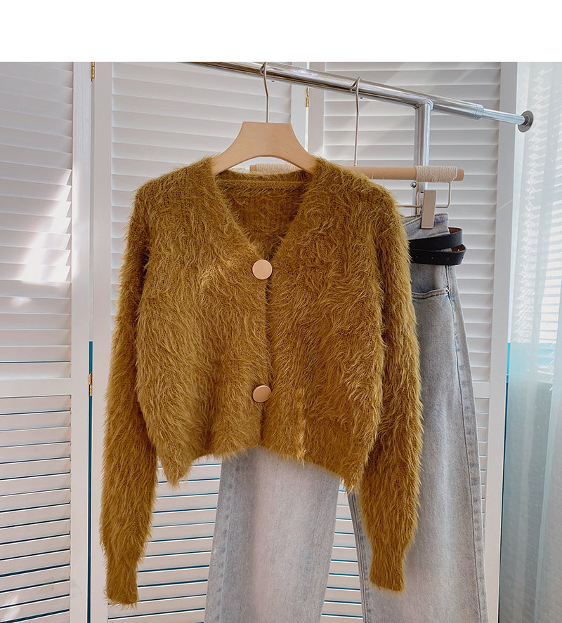 Mohair sweater solid V-neck short long sleeve top  6063