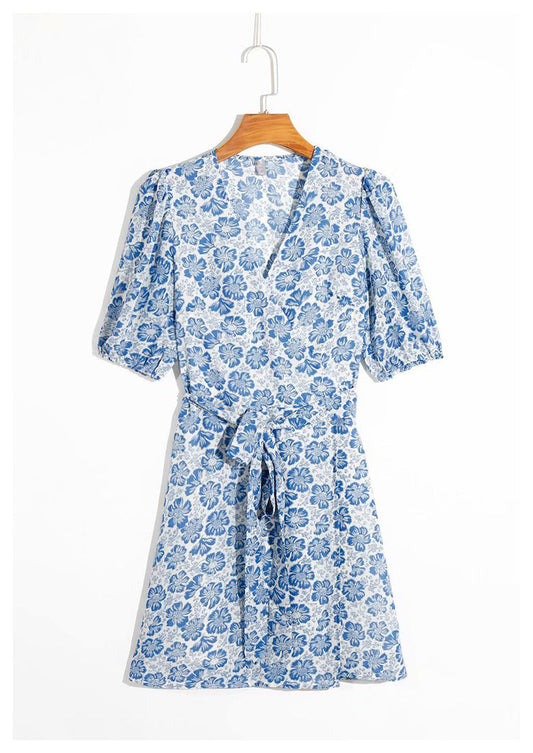New slim V-neck print wrap lace up dress  7039