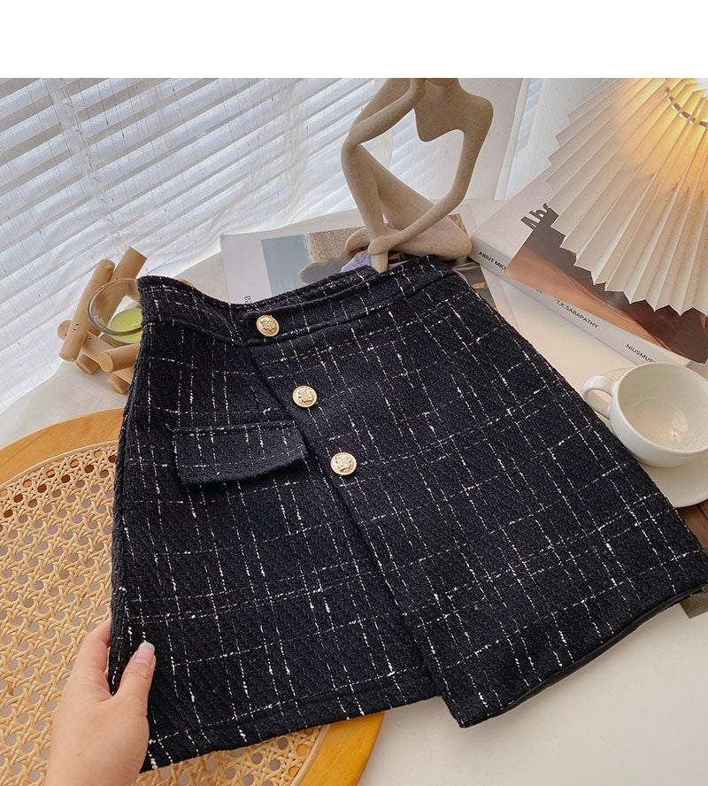 Irregular design high waist single breasted A-line slim plaid skirt  5382