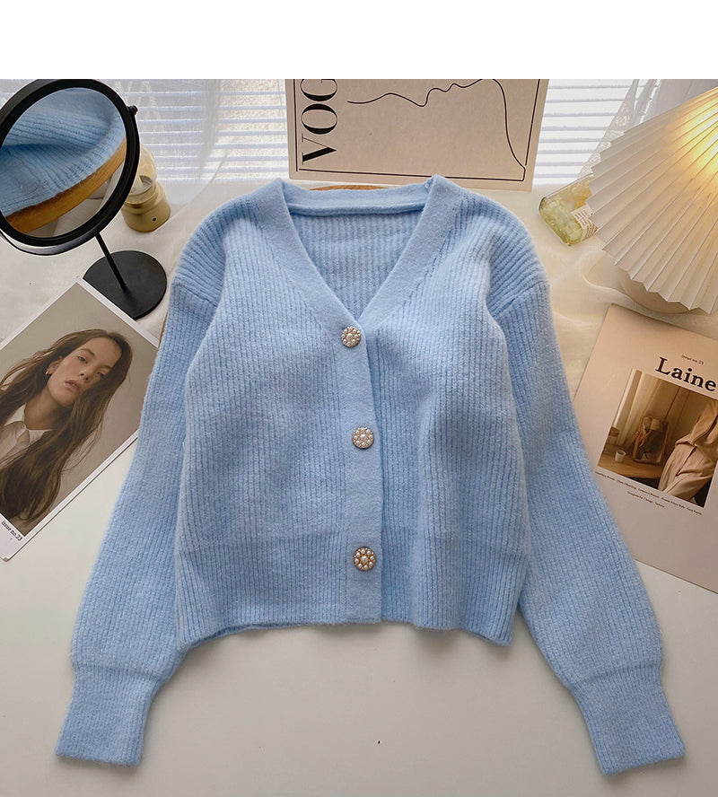 Korean retro sweet Beaded single breasted long sleeved top  6023