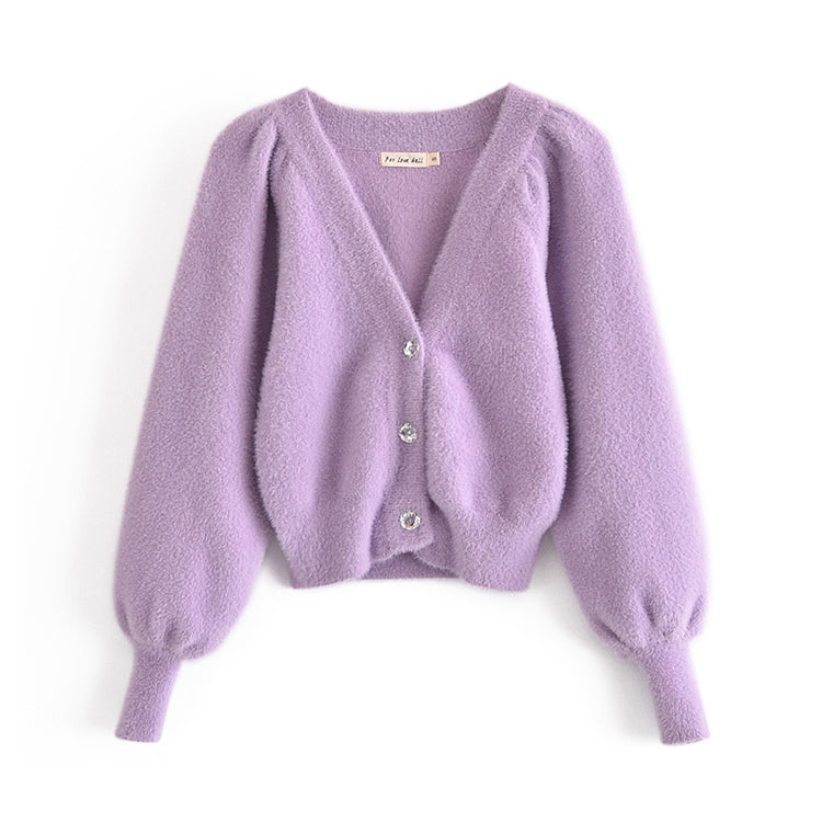 V-neck three button Lantern Sleeve Top Coat women's knitted cardigan  7237