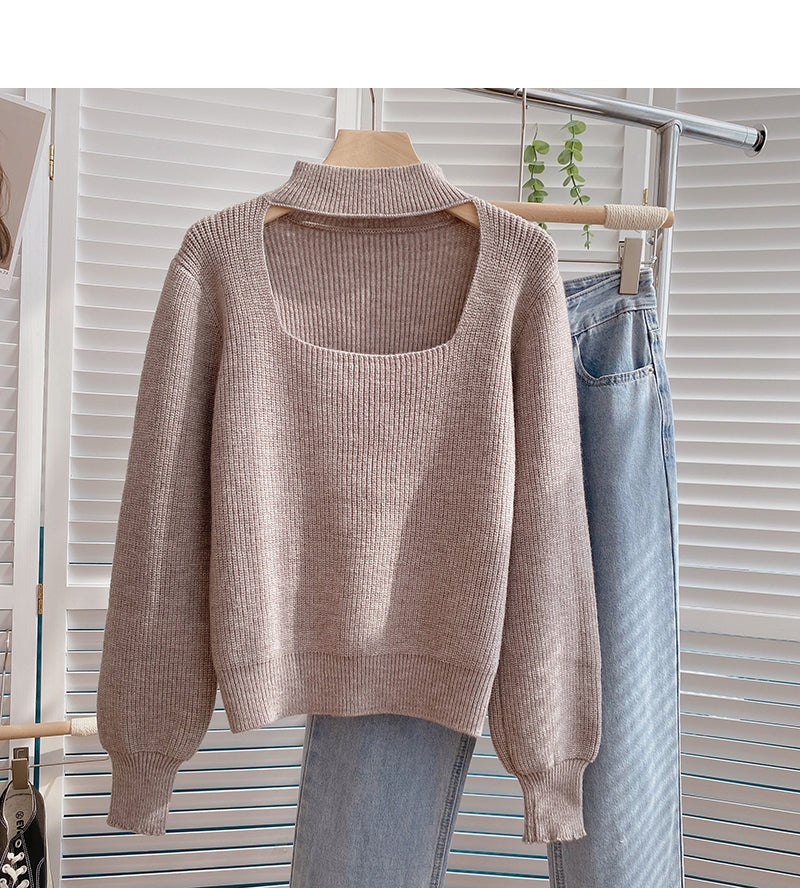Stand collar hollowed out Lantern Sleeve Sweater  6177