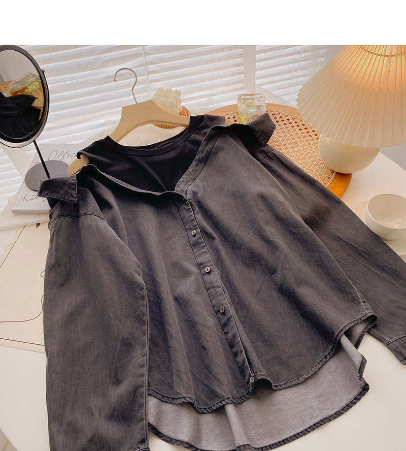 Vintage washed denim shirt women's Korean loose top  6288