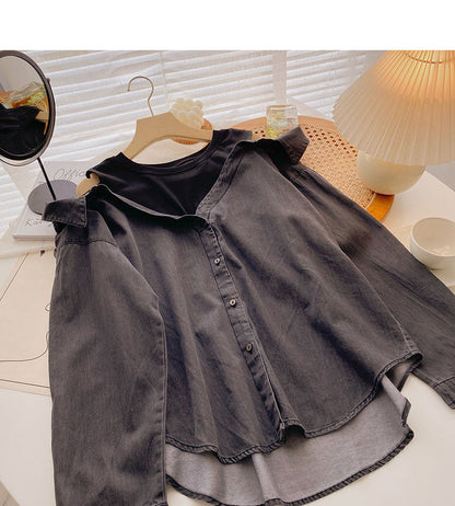 Vintage washed denim shirt women's Korean loose top  6288