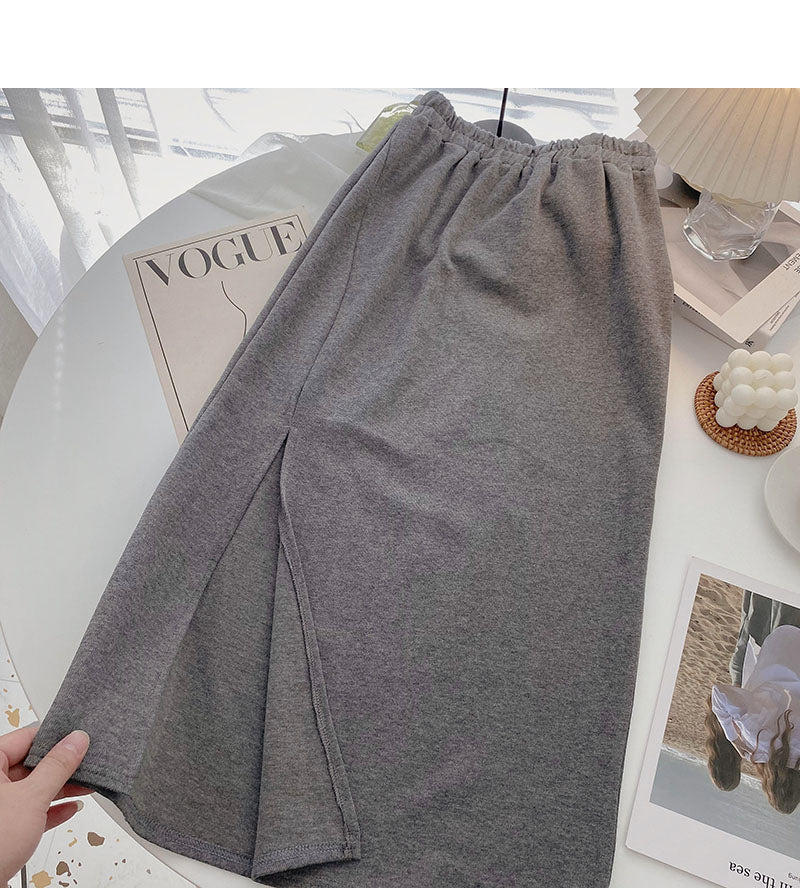 Korean high waist side split design pure color A-line skirt  5721