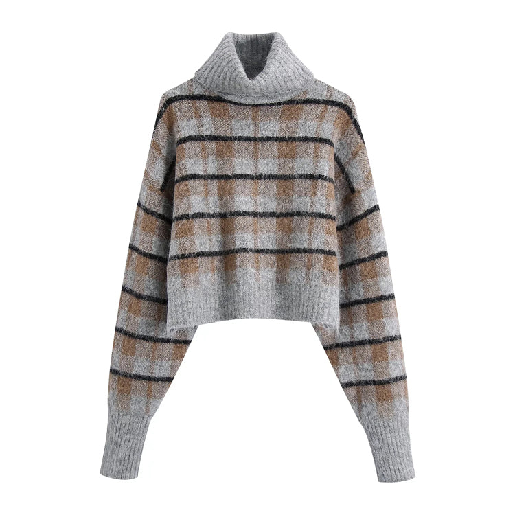 New lazy high neck slim plaid sweater  7503