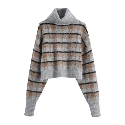 New lazy high neck slim plaid sweater  7503