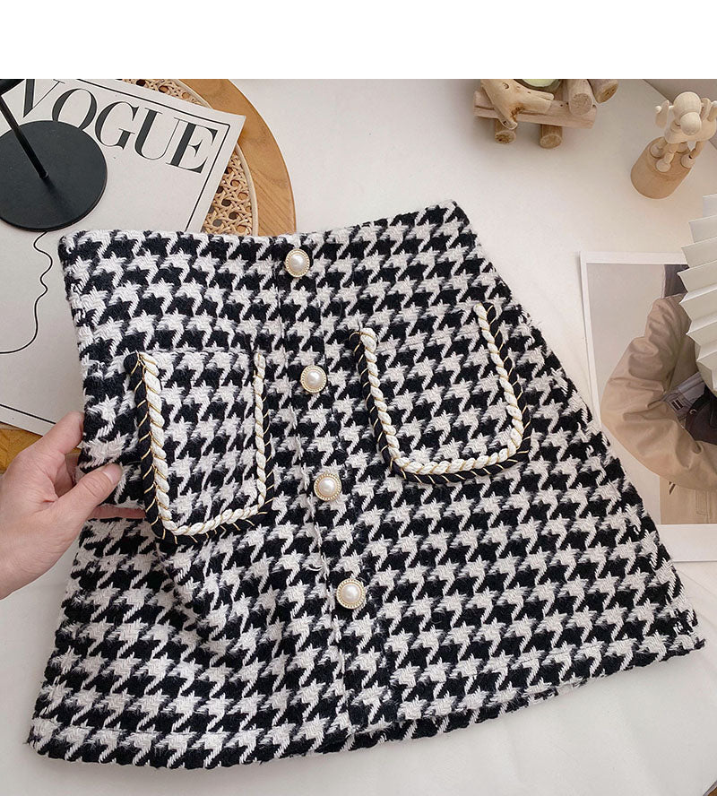 Pearl button small fragrance wind high waist thousand bird grid A-shaped skirt  5571