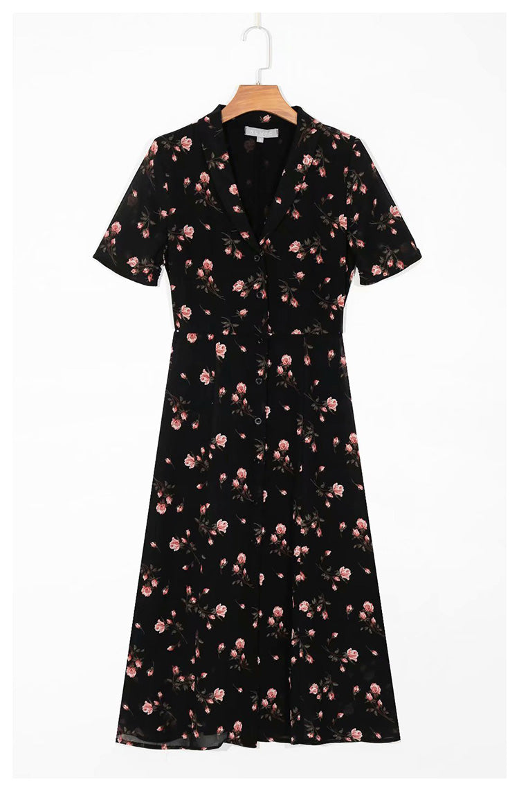 Vintage Lapel short sleeve slim waist floral print dress  7052