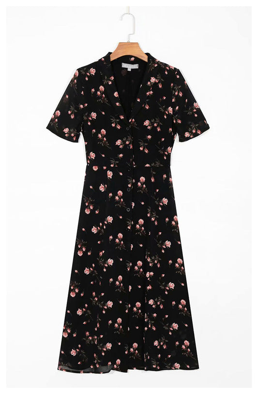 Vintage Lapel short sleeve slim waist floral print dress  7052