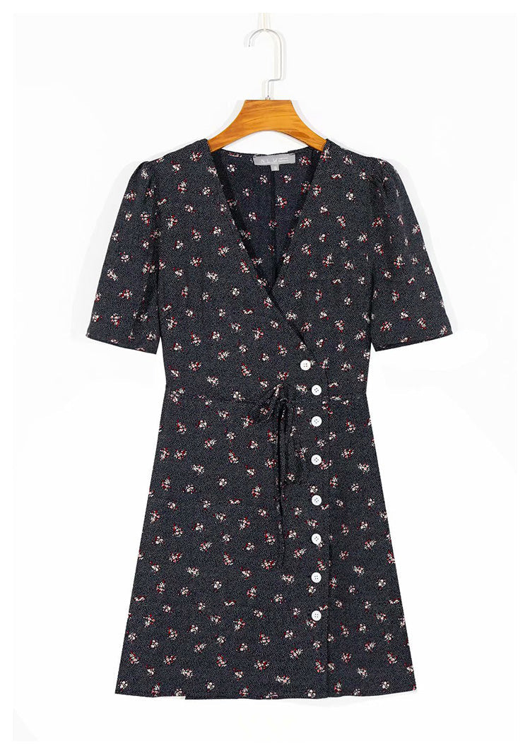 French minority fashion sexy wave dot floral print dress  7051