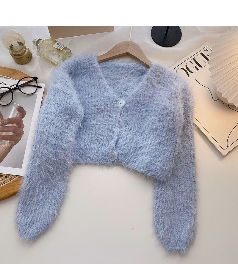Korean small short V-Neck long sleeve thin temperament top  5950