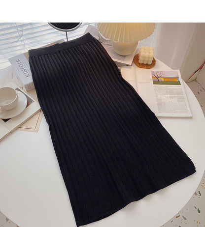 Simple and versatile thread knitted high waist split A-line skirt  5752