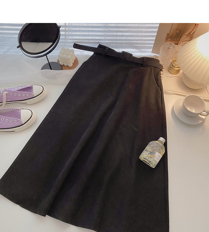 Design sense of minority foreign style high waist mid length skirt with belt  5727